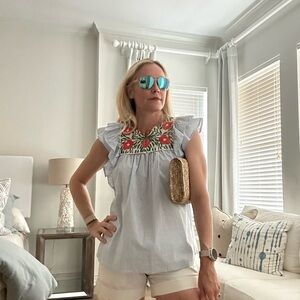 THML Striped Ruffle Sleeve Top with Floral Embroidery